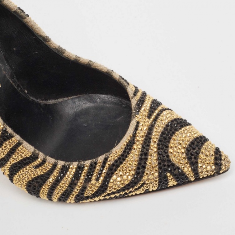 Pre Owned Casadei Gold Canvas Crystal Embellished Pumps Size 37