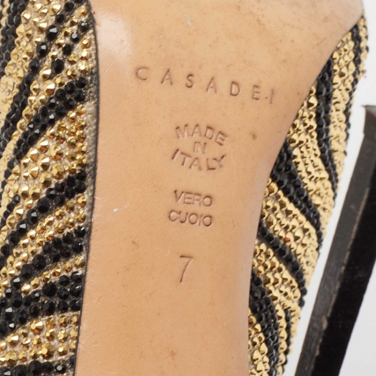 Pre Owned Casadei Gold Canvas Crystal Embellished Pumps Size 37