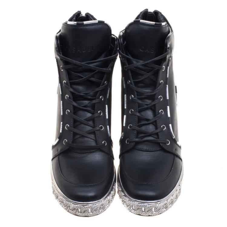 Pre Owned Casadei Black Leather Chain Detail Wedge Sneakers Size 38.5