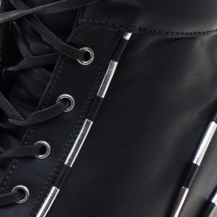 Pre Owned Casadei Black Leather Chain Detail Wedge Sneakers Size 38.5