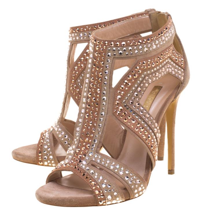 Pre Owned Casadei Two Tone Crystal Embellished Suede Sandals Size 37