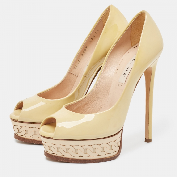 Pre Owned Casadei Green Patent Leather Peep toe Pumps Size 35