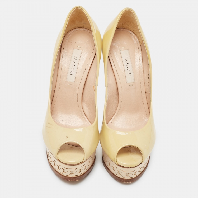 Pre Owned Casadei Green Patent Leather Peep toe Pumps Size 35