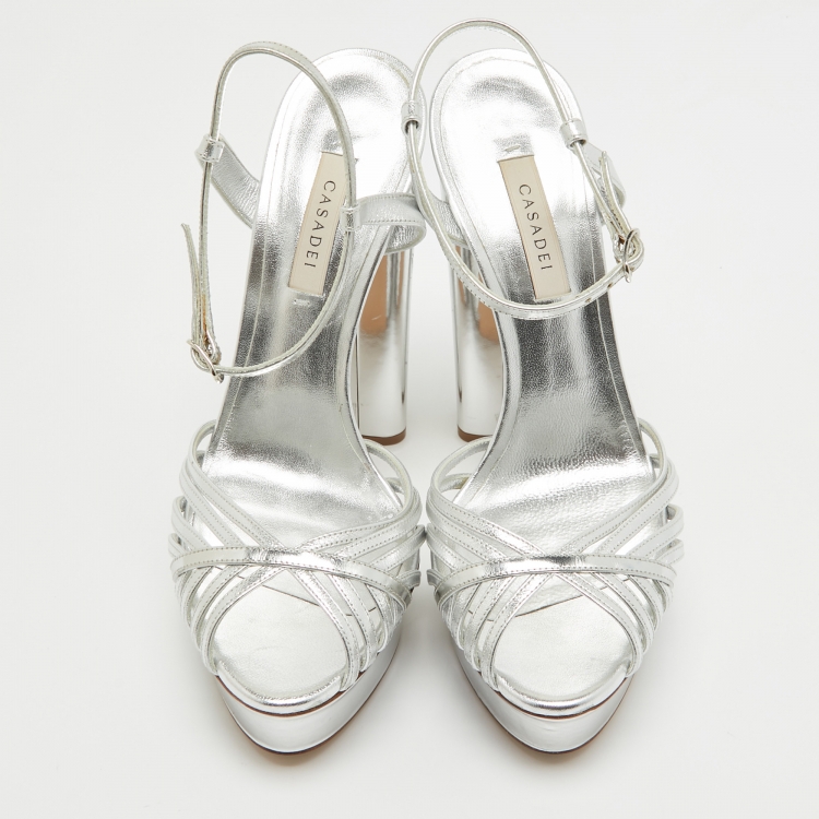 Pre Owned Casadei Silver Leather Ankle Strap Platform Sandals Size 38