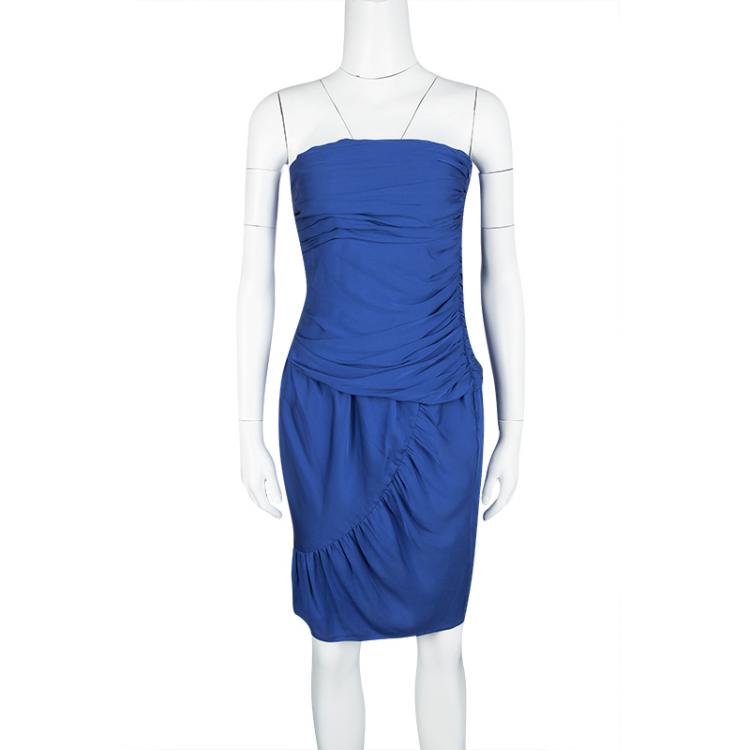 Pre Owned Catherine Malandrino Blue Silk Ruched Strapless Dress S