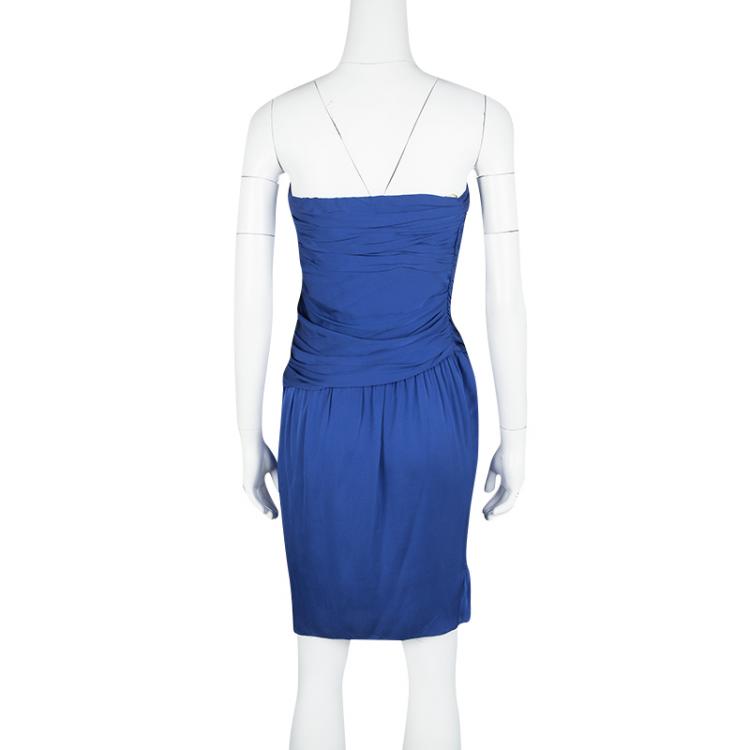 Pre Owned Catherine Malandrino Blue Silk Ruched Strapless Dress S