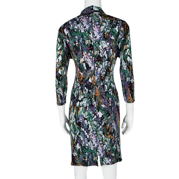 Pre Owned Catherine Malandrino Multicolour Printed Silk Jersey Gathered Long Sleeve Dress L