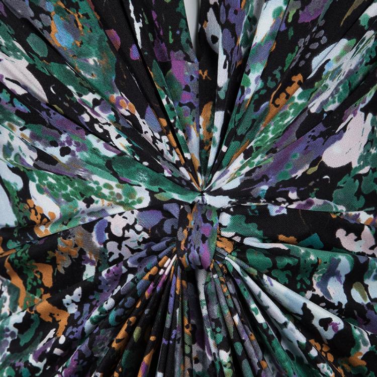 Pre Owned Catherine Malandrino Multicolour Printed Silk Jersey Gathered Long Sleeve Dress L