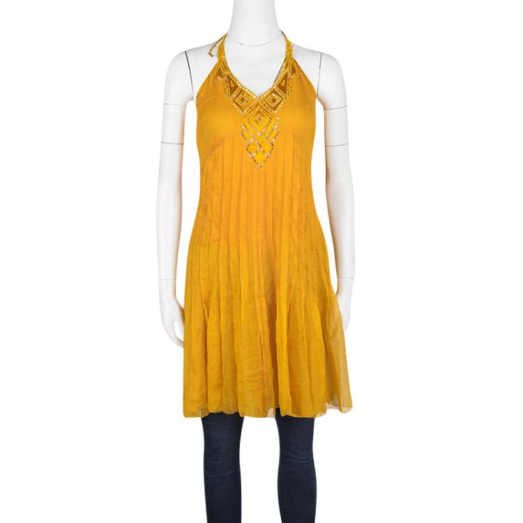 مملوكة مسبقًا Catherine Malandrino Mustard Yellow Silk Embroidered Halter Neck Dress M