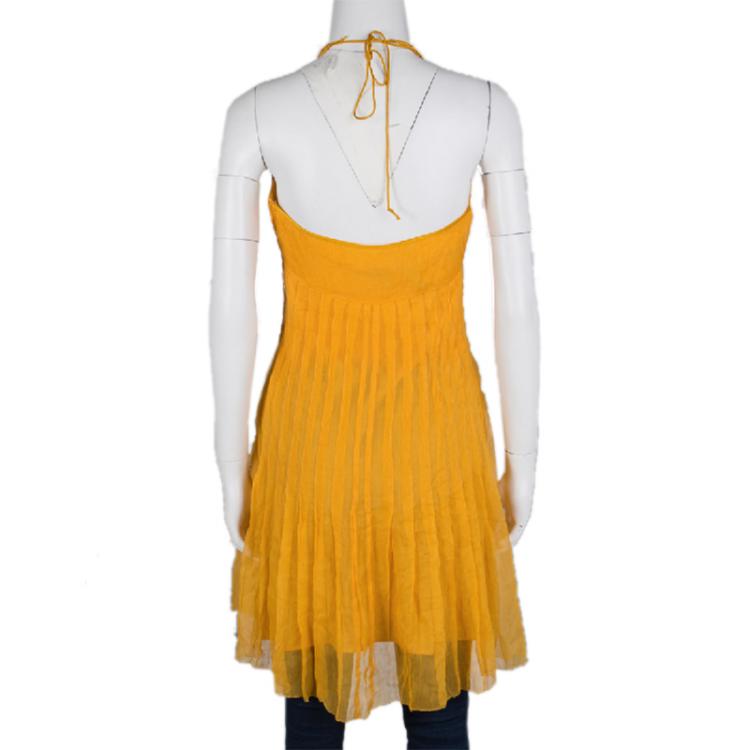 مملوكة مسبقًا Catherine Malandrino Mustard Yellow Silk Embroidered Halter Neck Dress M