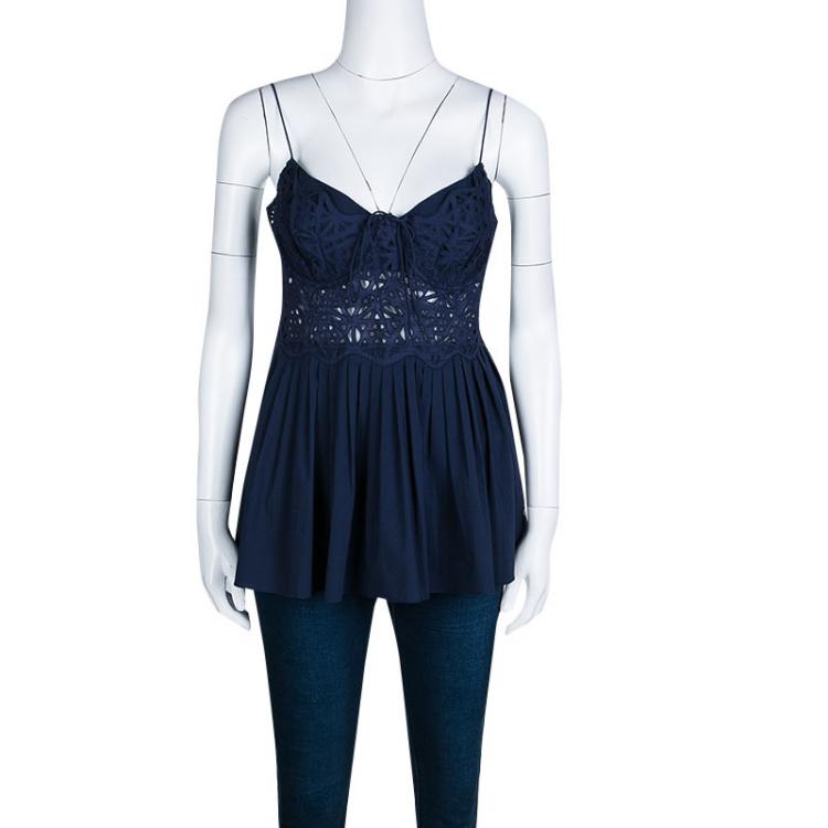 Pre Owned Catherine Malandrino Navy Blue Eyelet Embroidered Noodle Strap Camisole L