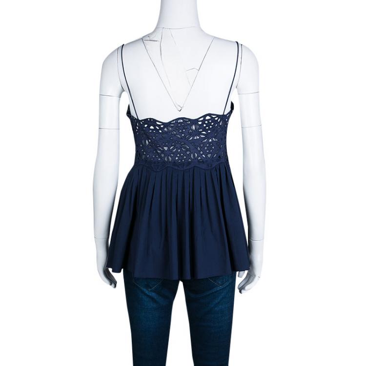 Pre Owned Catherine Malandrino Navy Blue Eyelet Embroidered Noodle Strap Camisole L
