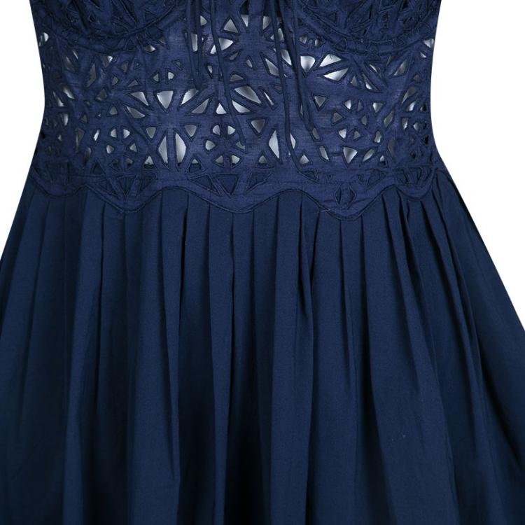 Pre Owned Catherine Malandrino Navy Blue Eyelet Embroidered Noodle Strap Camisole L