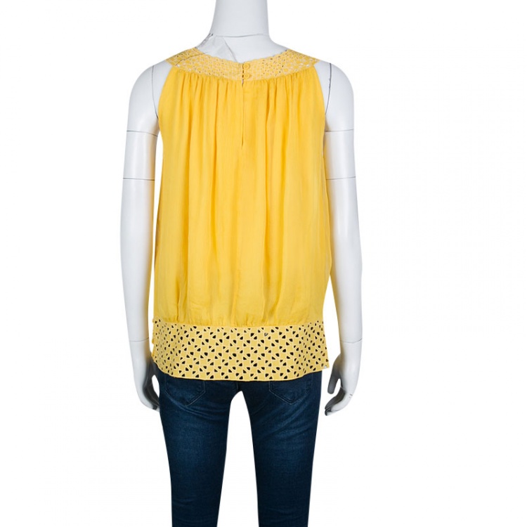 مملوكة مسبقًا Catherine Malandrino Yellow Cutout Trim Detail Crinkled Chiffon Top M