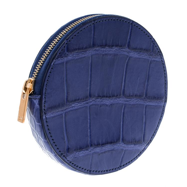 Pre Owned Celine Blue Croc Embossed Round Zip Coin Purse