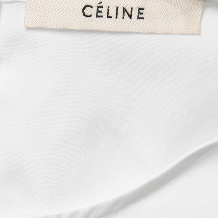 Pre Owned Celine White Cotton Poplin Tie-Neck Blouse M