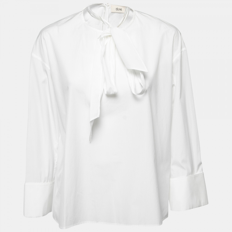 Pre Owned Celine White Cotton Poplin Tie-Neck Blouse M