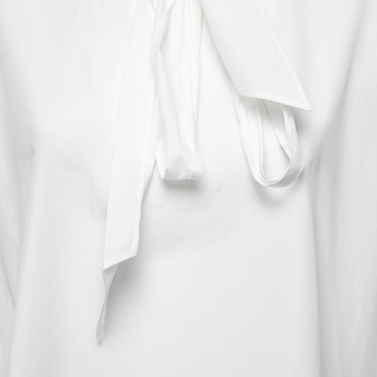 Pre Owned Celine White Cotton Poplin Tie-Neck Blouse M