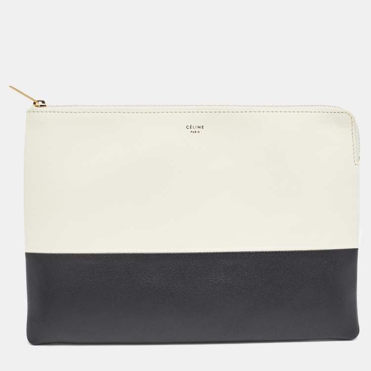 Pre Owned Céline Offwhite/Black Leather Zip Pouch