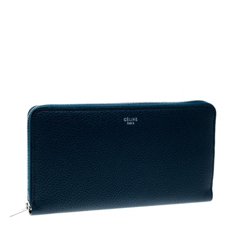 Pre Owned Celine Navy Blue Leather Zip Around Wallet