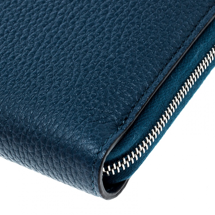 Pre Owned Celine Navy Blue Leather Zip Around Wallet