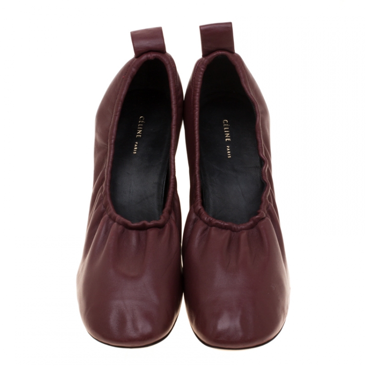 Pre Owned Celine Burgundy Leather Scrunch Ballerina Pumps Size 37