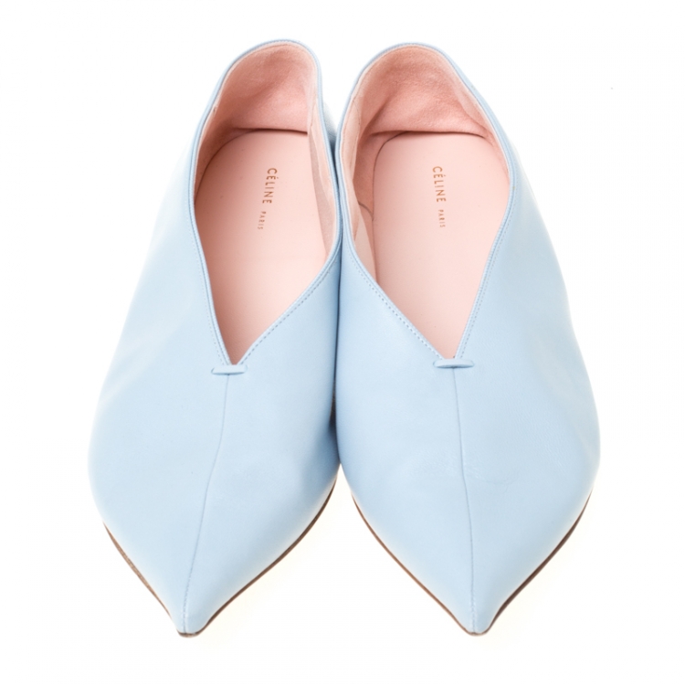 Pre Owned Celine Light Blue Leather Pointed Toe Flats Size 39