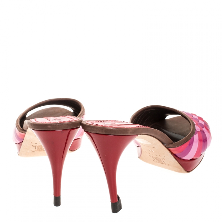 Pre Owned Celine Multicolor Patent and Leather Trim Scalloped Slide Sandals Size 39