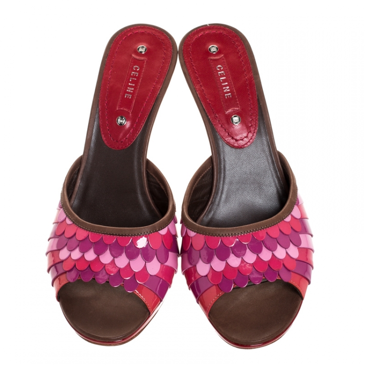 Pre Owned Celine Multicolor Patent and Leather Trim Scalloped Slide Sandals Size 39