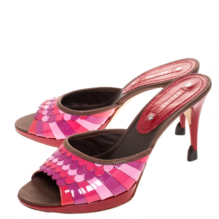 Pre Owned Celine Multicolor Patent and Leather Trim Scalloped Slide Sandals Size 39