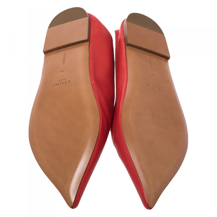 Pre Owned Celine Red Leather Pointed Toe Flats Size 38