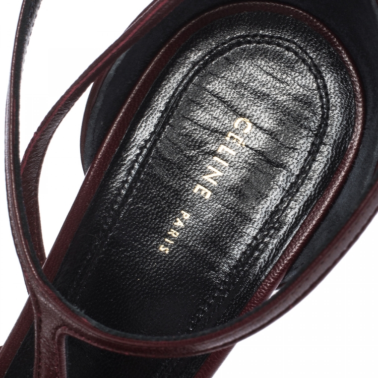 Pre Owned Celine Burgundy Leather Night Out T-Strap Ankle Wrap Sandals Size 39