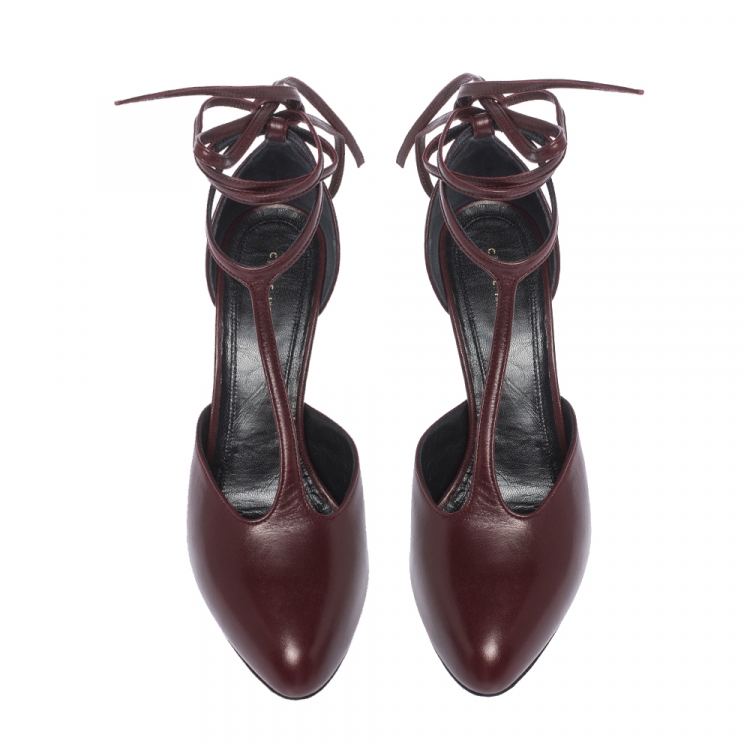 Pre Owned Celine Burgundy Leather Night Out T-Strap Ankle Wrap Sandals Size 39