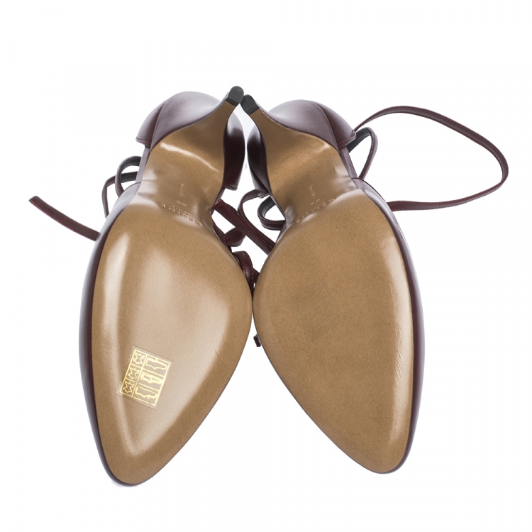 Pre Owned Celine Burgundy Leather Night Out T-Strap Ankle Wrap Sandals Size 39