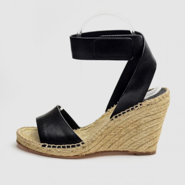 Pre Owned Celine Black Leather Espadrilles Wedge Sandals Size 37