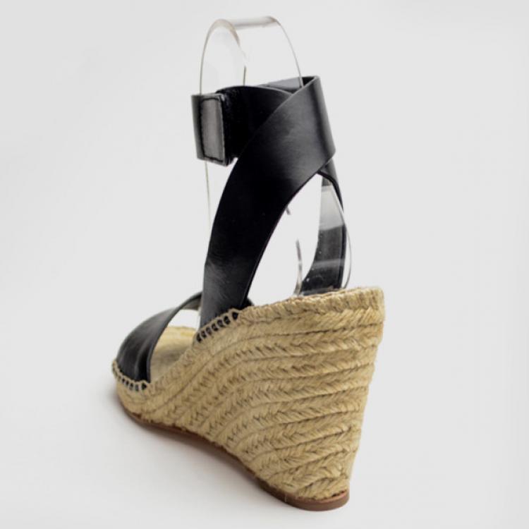 Pre Owned Celine Black Leather Espadrilles Wedge Sandals Size 37