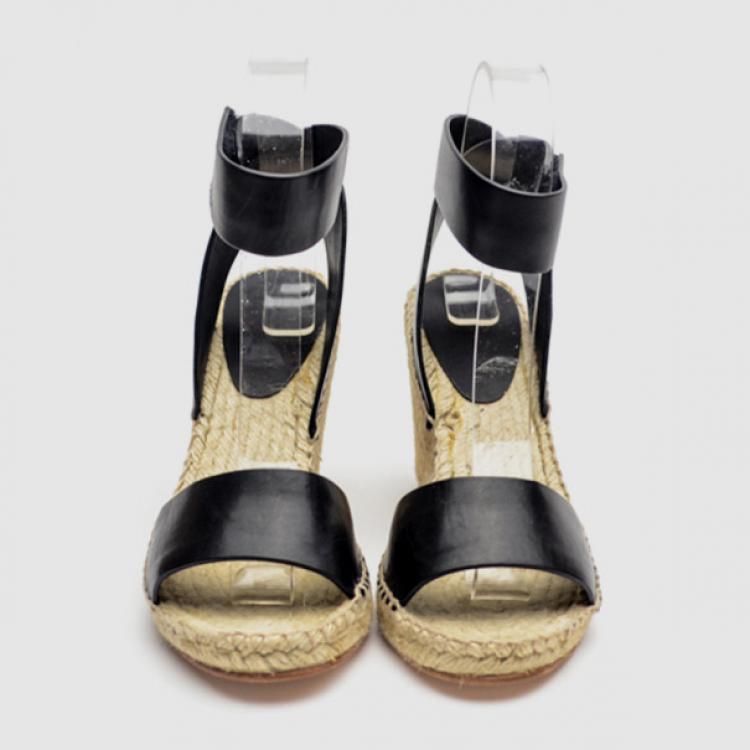Pre Owned Celine Black Leather Espadrilles Wedge Sandals Size 37