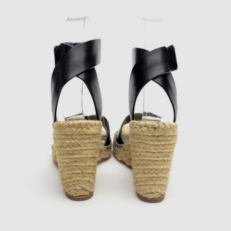 Pre Owned Celine Black Leather Espadrilles Wedge Sandals Size 37