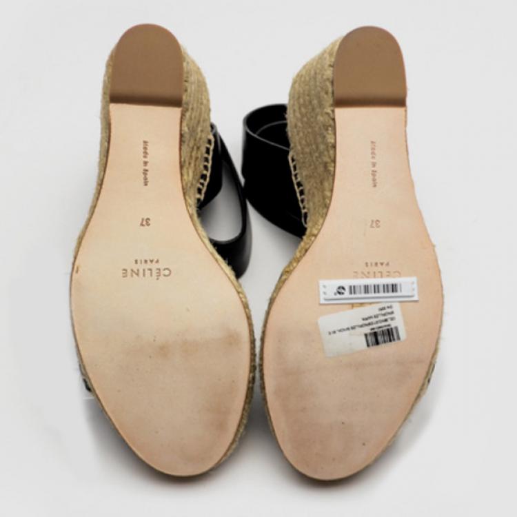 Pre Owned Celine Black Leather Espadrilles Wedge Sandals Size 37