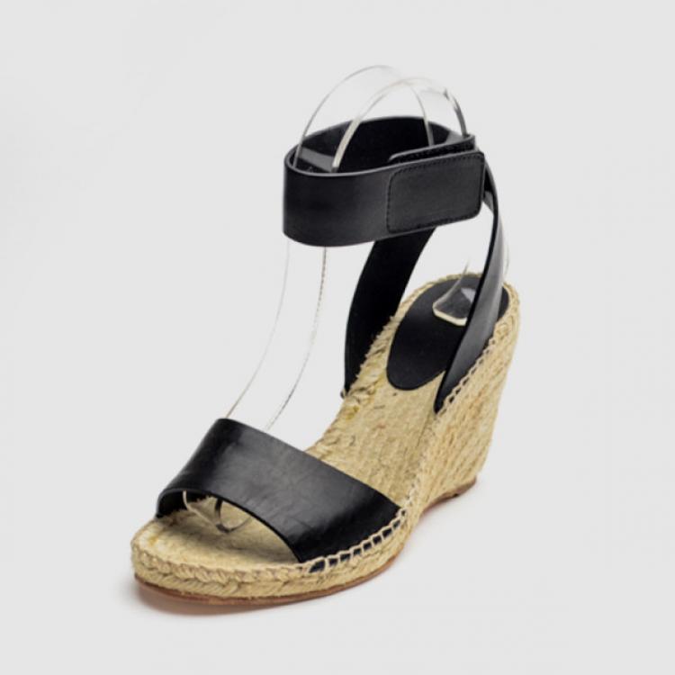 Pre Owned Celine Black Leather Espadrilles Wedge Sandals Size 37