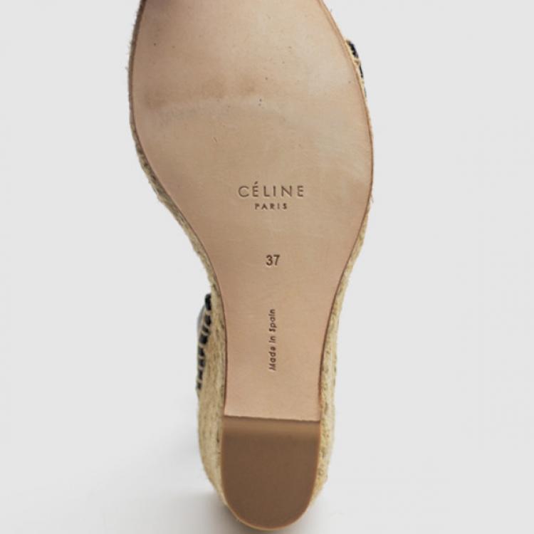 Pre Owned Celine Black Leather Espadrilles Wedge Sandals Size 37
