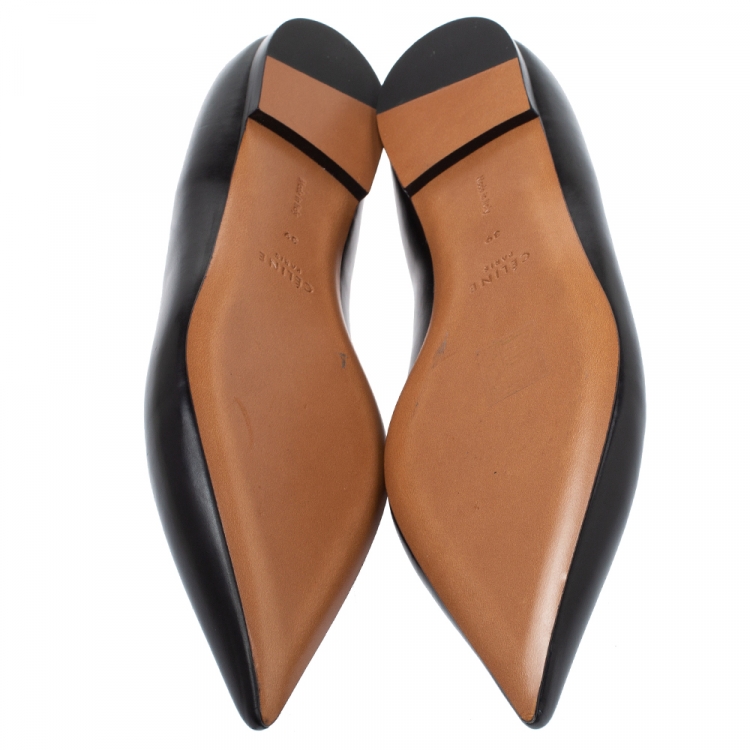 Pre Owned Celine Black Leather V Neck Ballet Flats Size 39