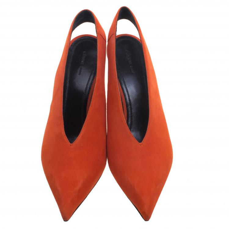 Pre Owned Celine Tangerine Orange Suede V Neck Slingback Sandals Size 39