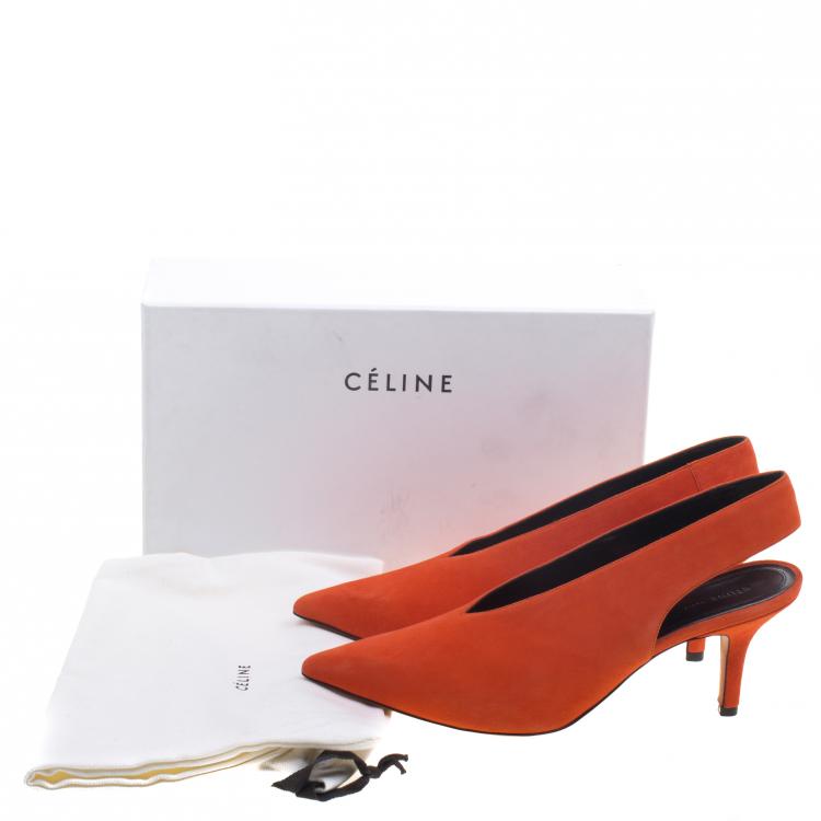 Pre Owned Celine Tangerine Orange Suede V Neck Slingback Sandals Size 39