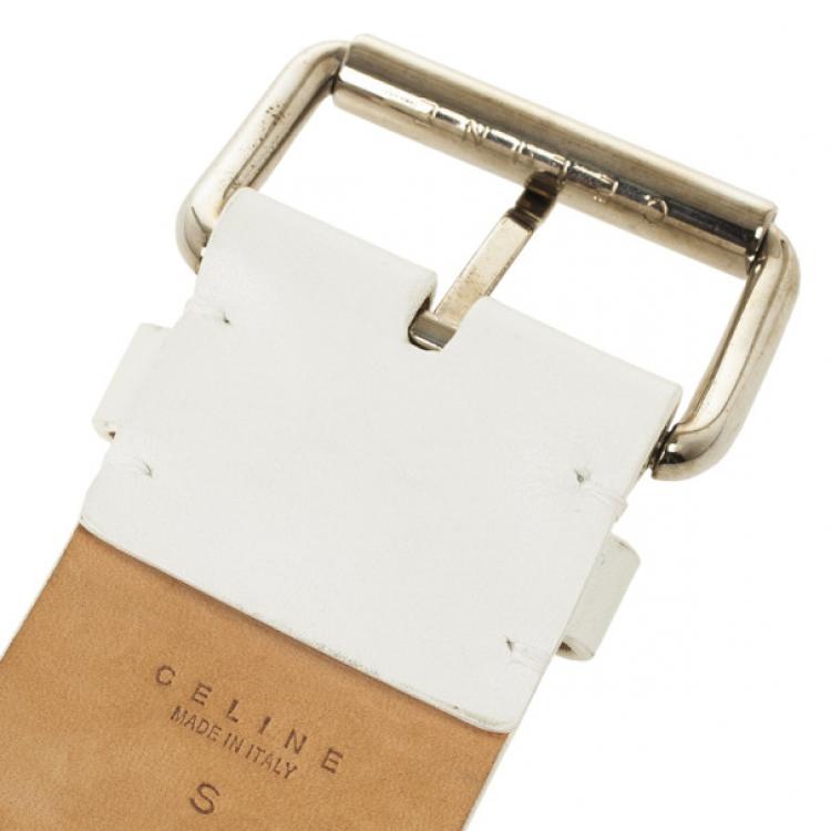 Pre Owned Celine White Leather Logo Studded Belt 89 CM