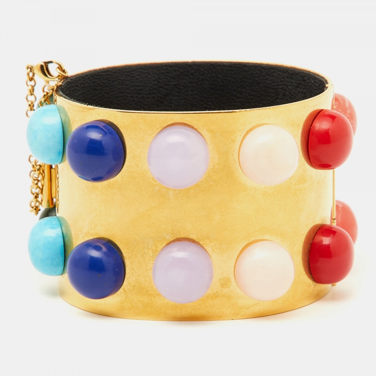 Pre Owned Celine Gold Tone Stone Studded Manchette Wide Bracelet M