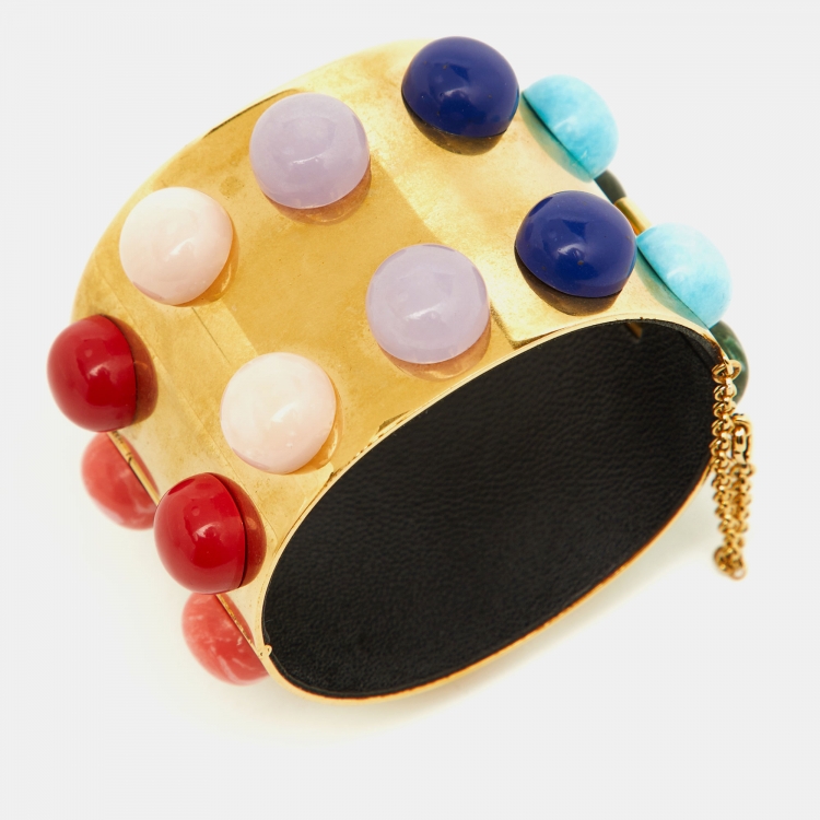 Pre Owned Celine Gold Tone Stone Studded Manchette Wide Bracelet M