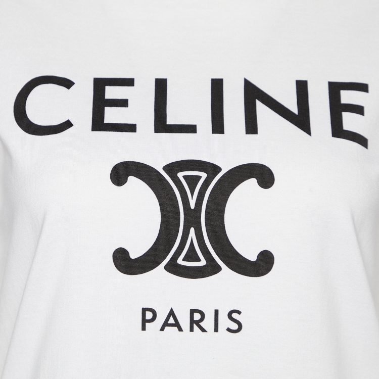 Pre Owned Celine White Logo Print Cotton Crew Neck T-Shirt M 