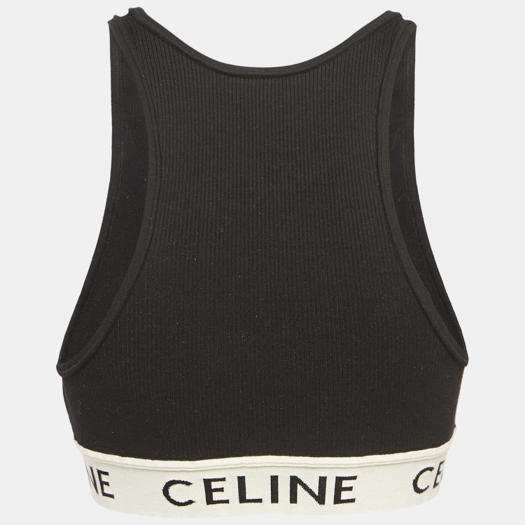 Pre Owned Celine Black Logo Intarsia Rib Knit Halter Neck Crop Top S