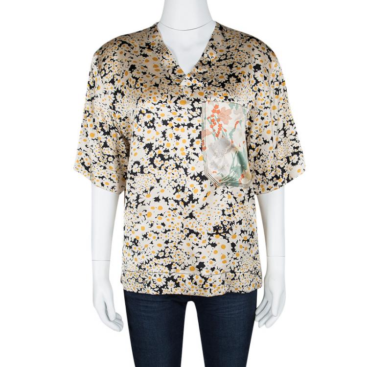 Pre Owned Celine Multicolor Floral Printed Silk Contrast Pocket Detail Top M
